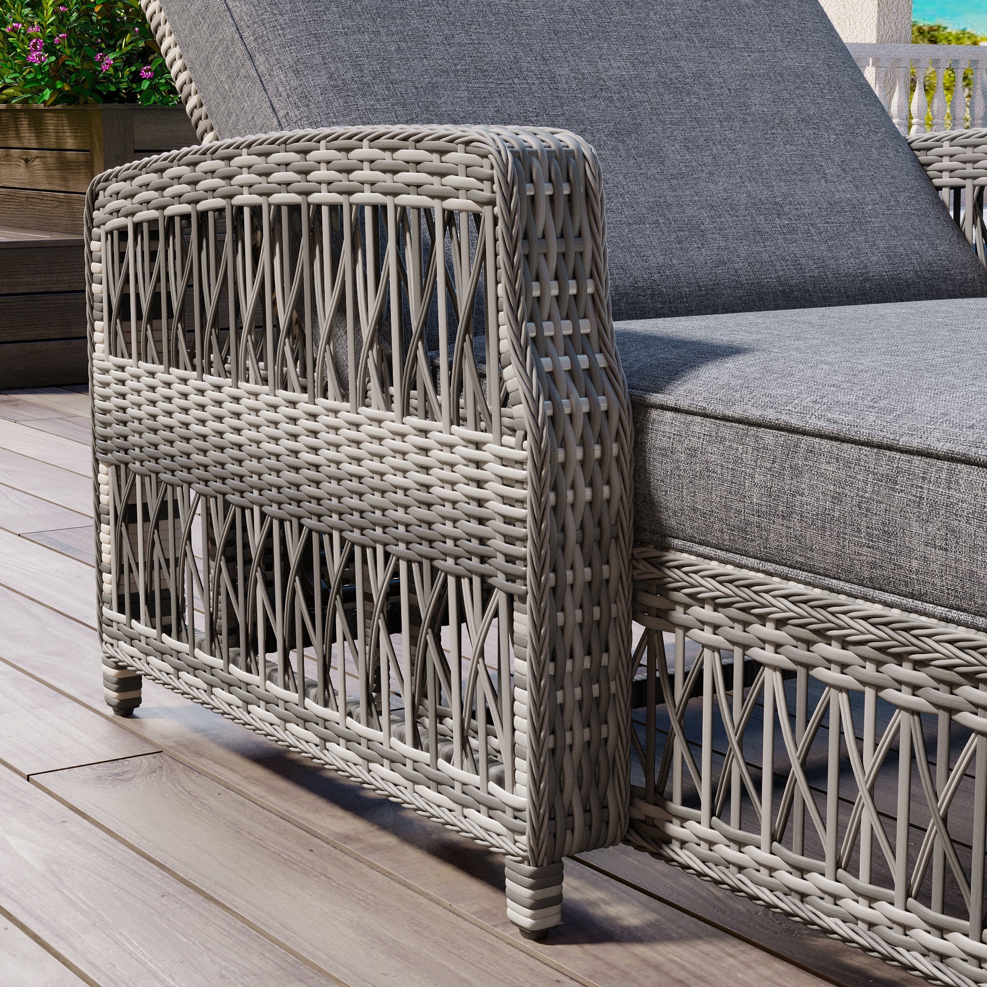 Outdoor Long Reclining Chaise with Armrests and Cushions
