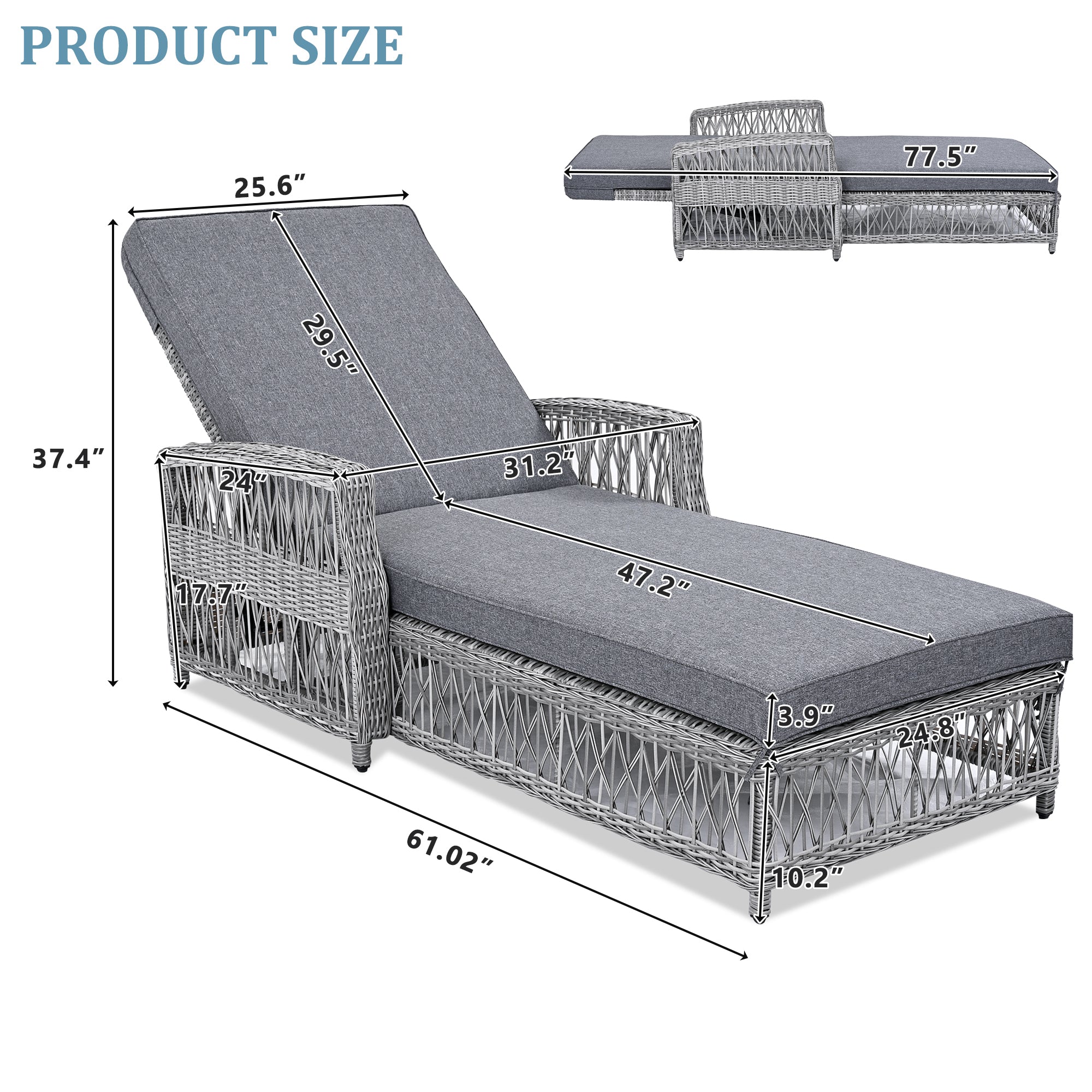 Outdoor Long Reclining Chaise with Armrests and Cushions