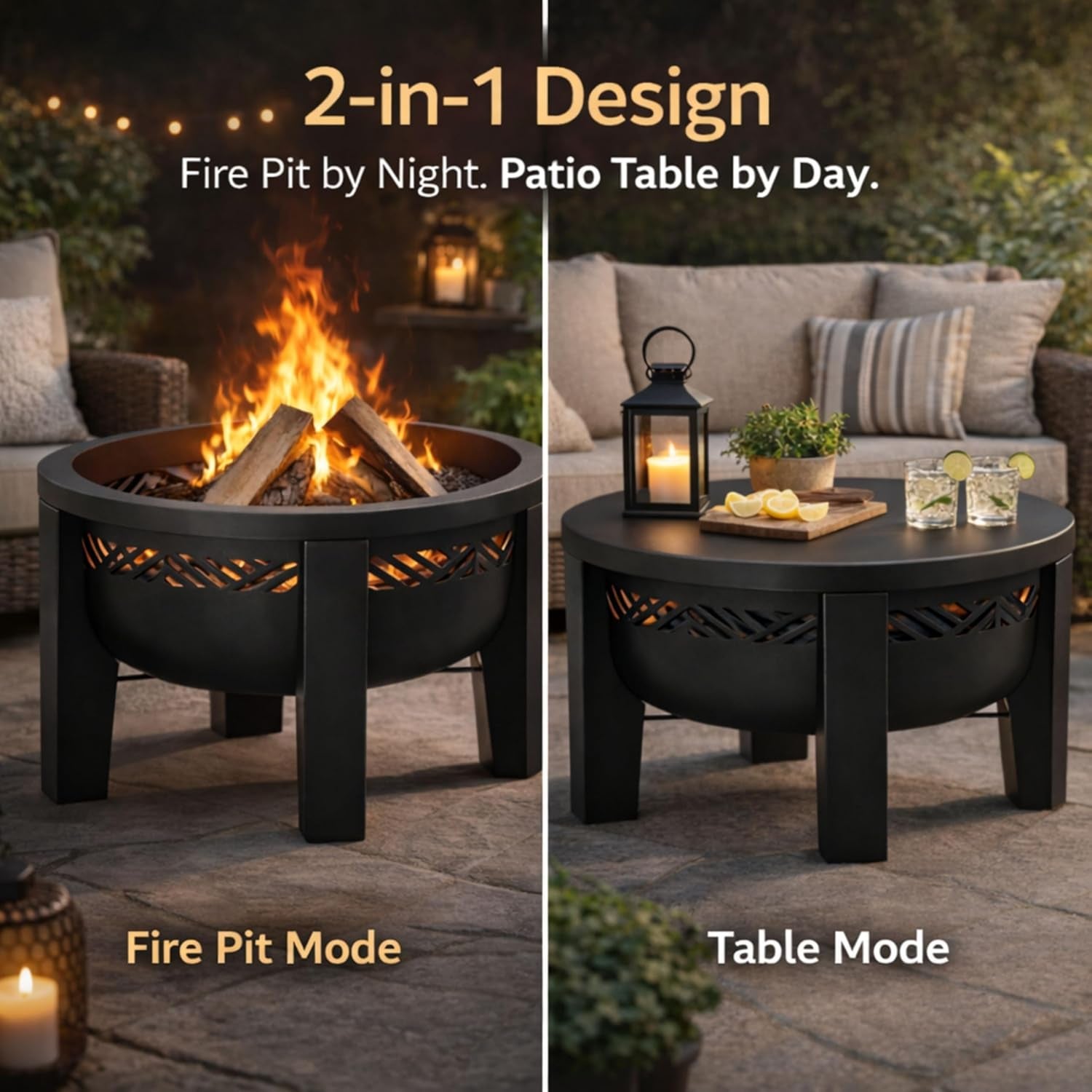 Fire Chief Wood Burning Fire Pit with Tabletop Lid â€“ Modern Outdoor Metal Fire Pit for Patio & Backyard â€“ Premium Heavy Duty Fire Pit Bowl with Multi-Use Side Table (Decorative Bowl)
