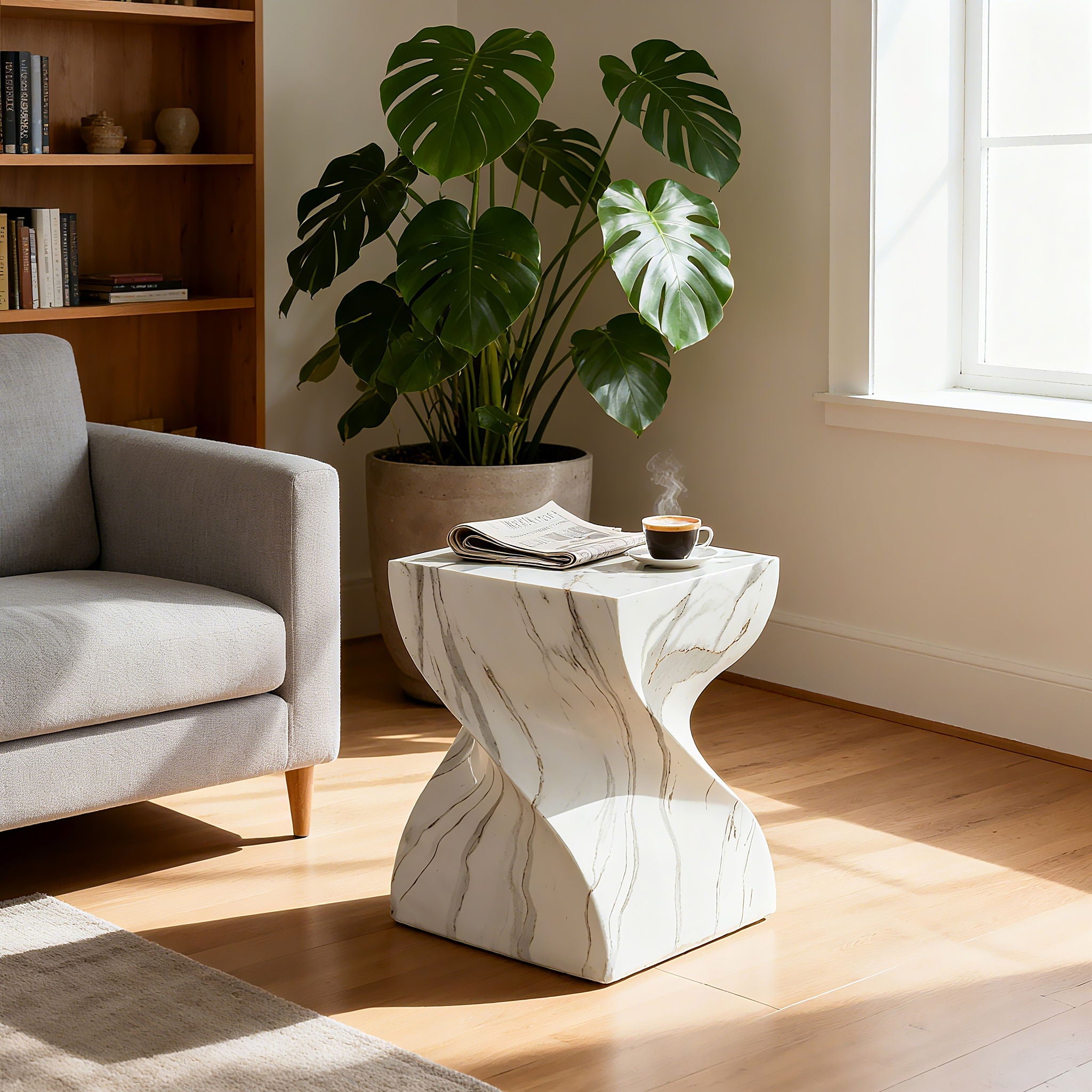 Outdoor End Table, Twisted Square Side Table For Patio And Garden - Faux Marble