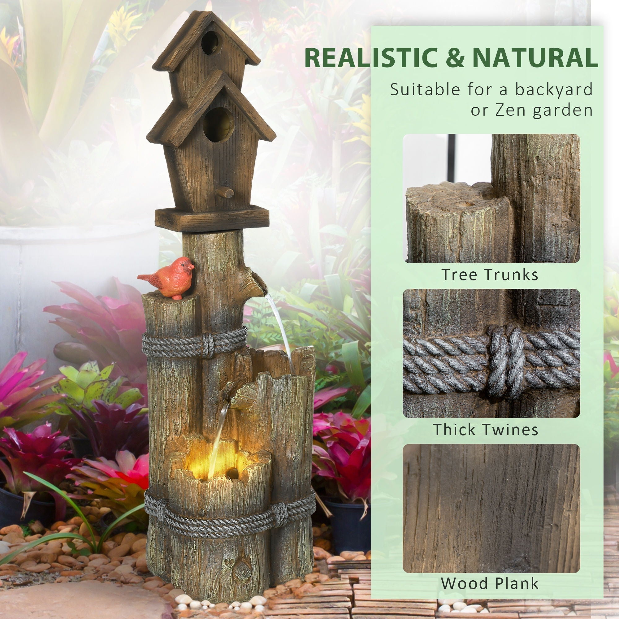 Outdoor Fountain With Birdhouse, Cascading Garden Waterfall
