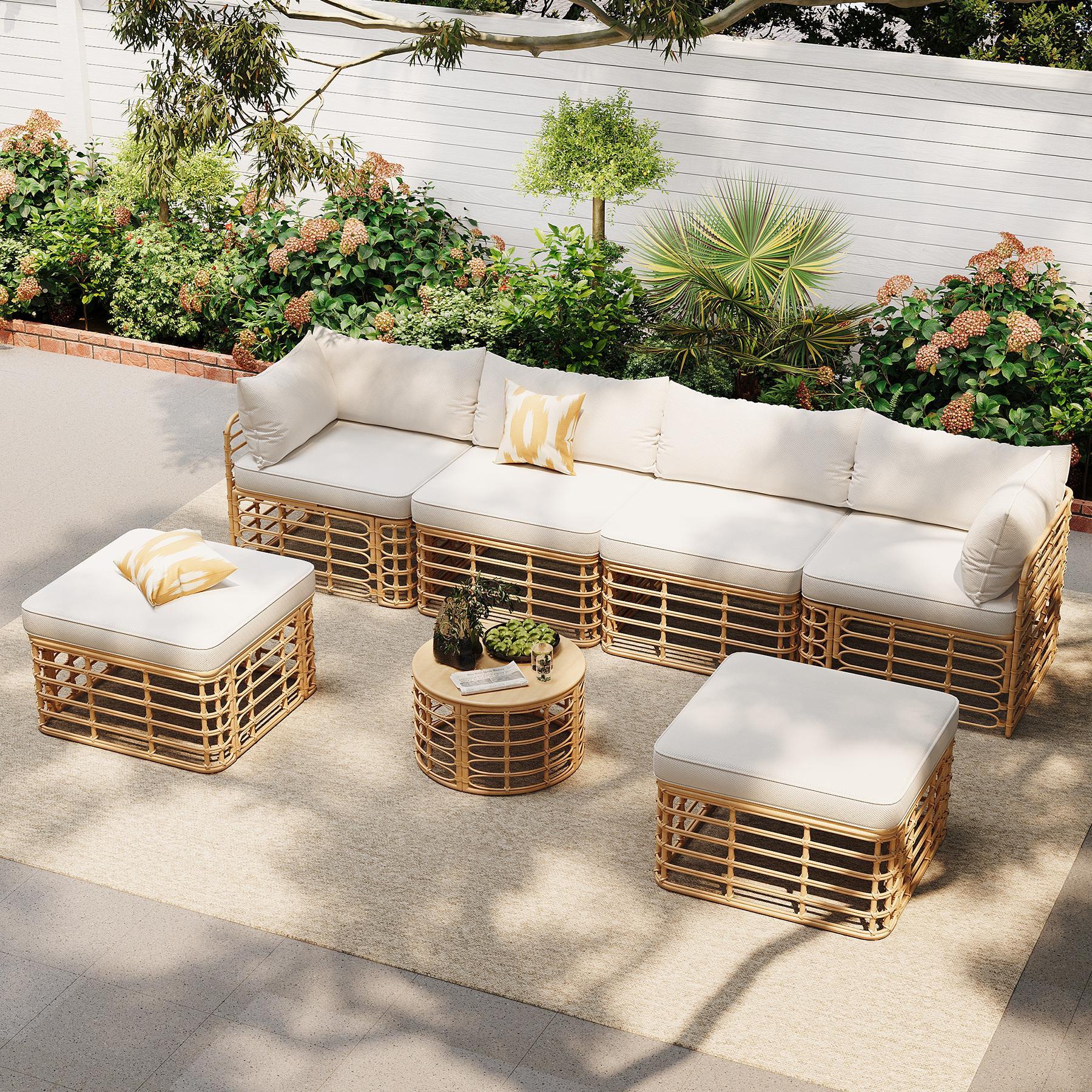 7 Pieces Outdoor Patio Furniture, All-Weather Rattan Sectional Sofa Set with table