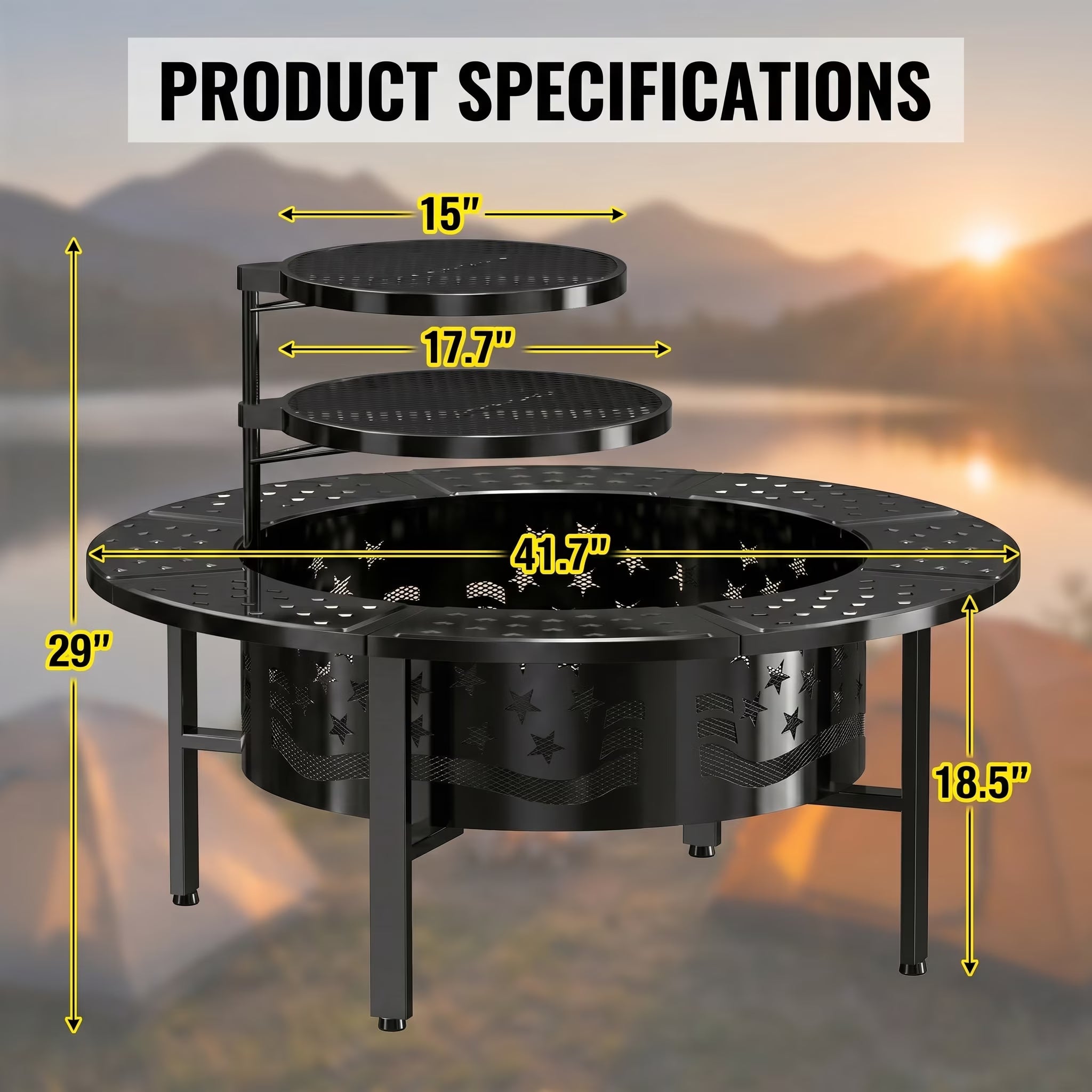 Trumanpick Fire Pit for outside 42" Wood Burning Fire Pit Tables with 2 Adjustable Swivel BBQ Grills, Lid, Poker for Patio Backyard BBQ Ice Storage