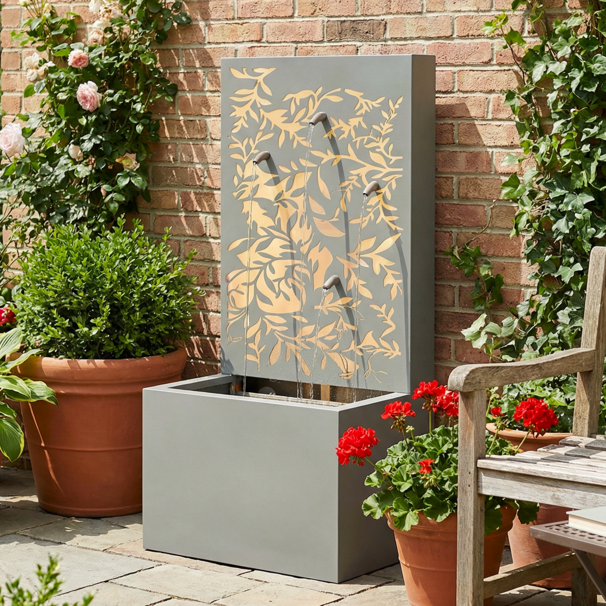 30.71' Light Gray Metal Leaf Cutout Outdoor Water Wall Fountain with LED Lights