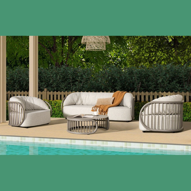 Harper - Indoor/Outdoor Modern Round Coffee Table - Beige or Taupe Aluminum