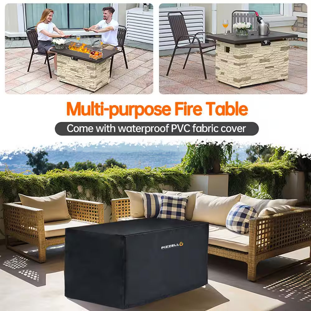 43 In. Propane Fire Pit Table Outdoor Stone Firepit Table Rectangular 50000 BTU Propane Fire Tables-Buff