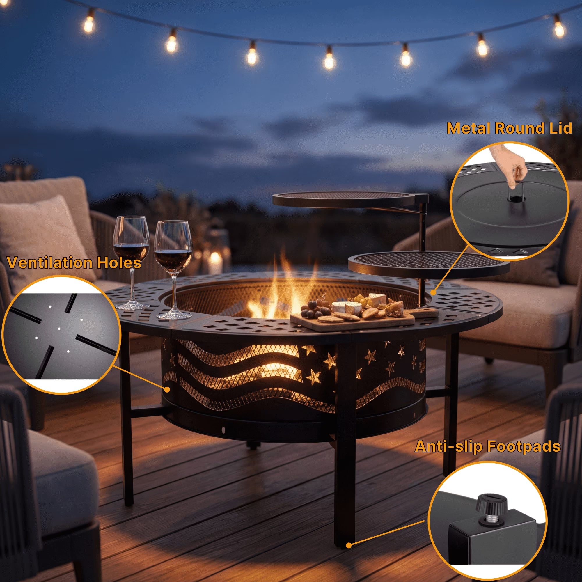 Trumanpick Fire Pit for outside 42" Wood Burning Fire Pit Tables with 2 Adjustable Swivel BBQ Grills, Lid, Poker for Patio Backyard BBQ Ice Storage