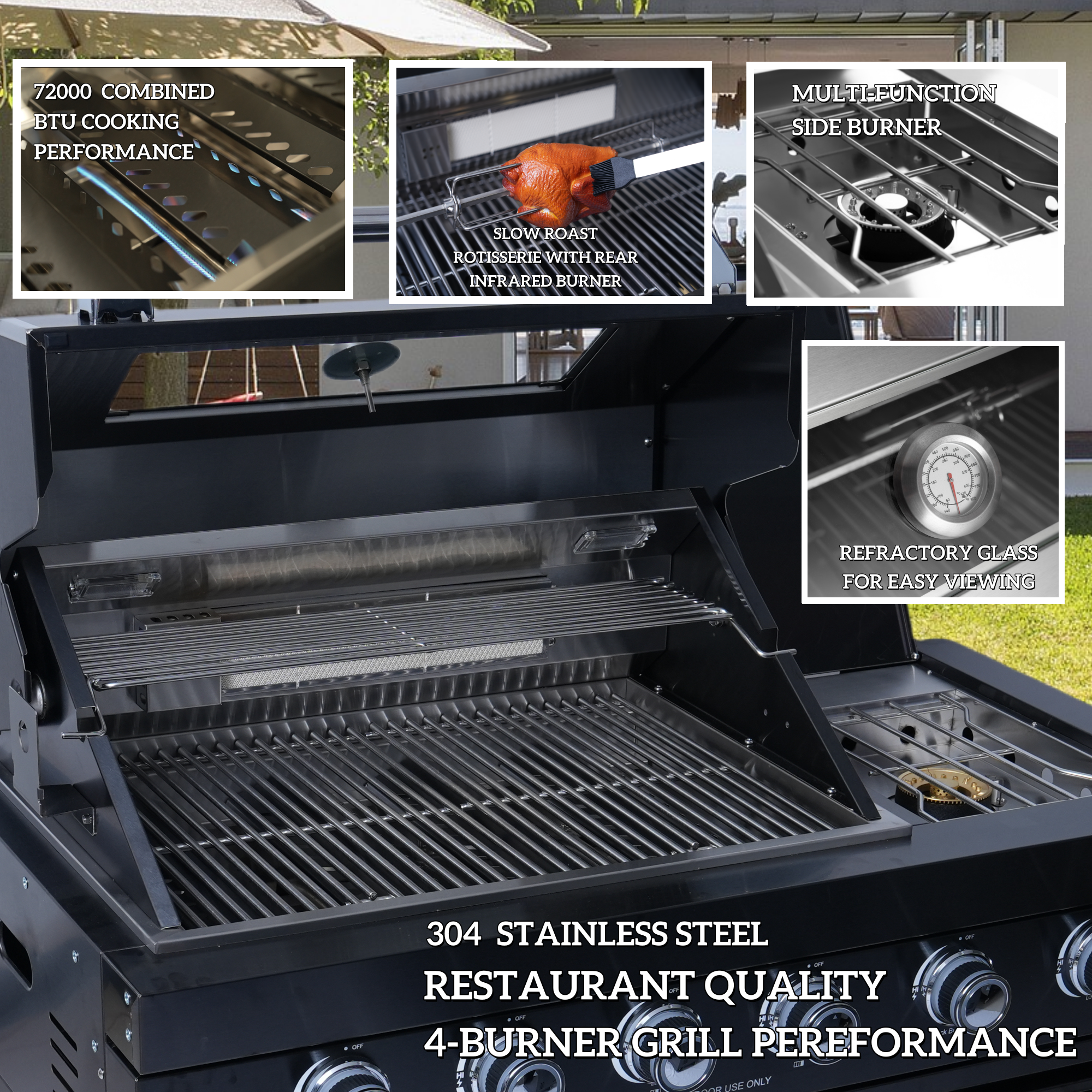 125" 10,8000 BTU 4-Burner Outdoor Kitchen Island Grill with Pizza Oven