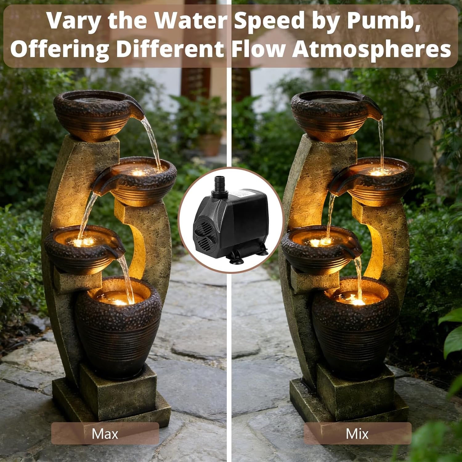 40" Tall Outdoor Water Fountain and Waterfalls - Large Garden Fountain with LED Lights, 4-Tier Crocks, Indoor and Outdoor Fountains for Garden, Patio, Deck, Porch, Backyard and Home, Gray