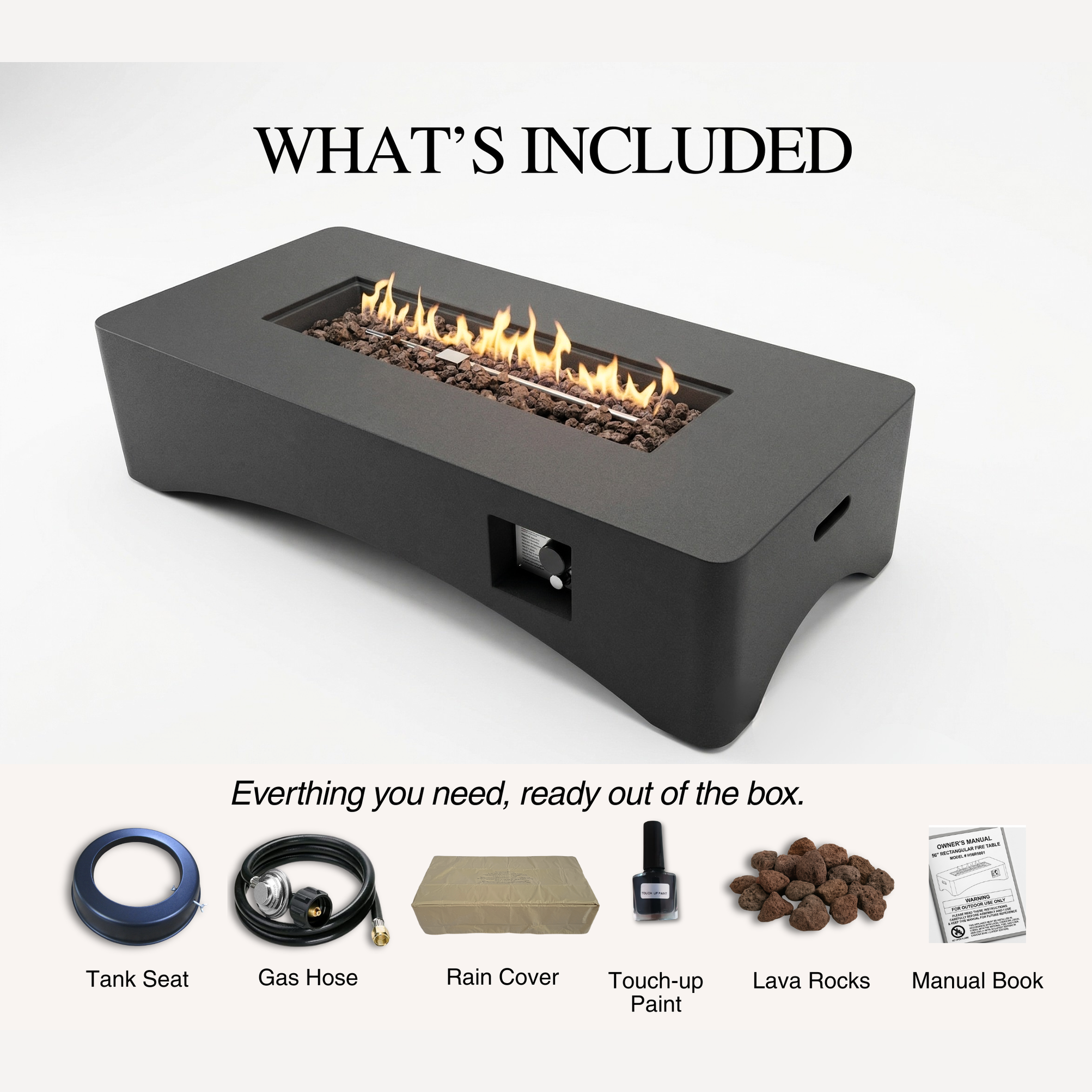 56" Propane Fire Pit Table, Rectangular Outdoor Gas Fire Pit - Dark Gray