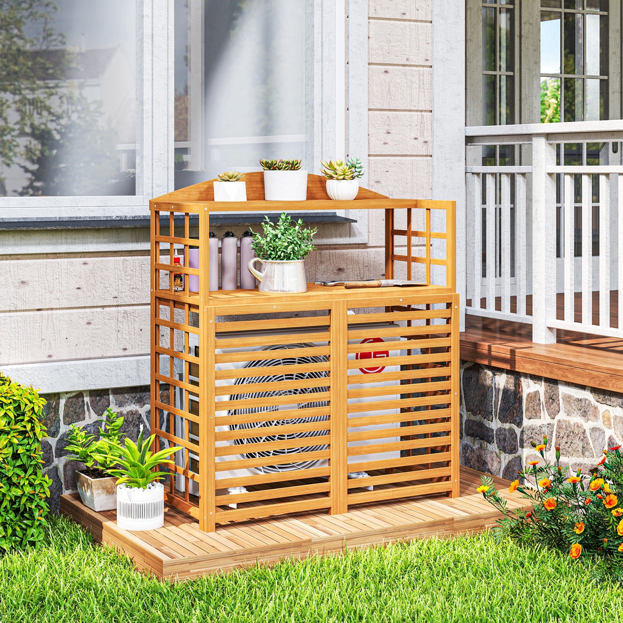 Outsunny Wood Air Conditioner Fence, Outdoor Privacy Screen Potting Table