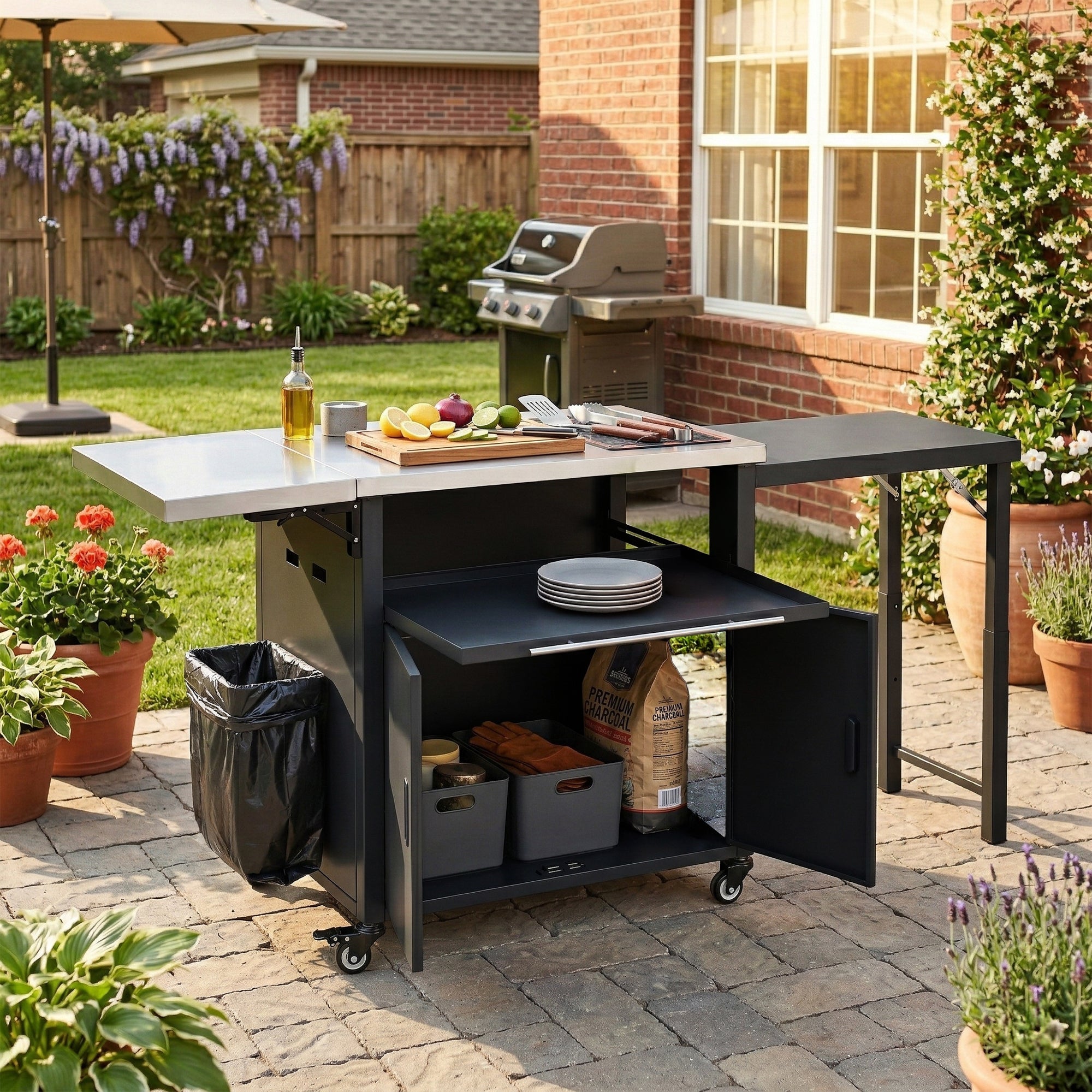 Foldable Outdoor Prep Station BBQ Cart Patio Dining Cart