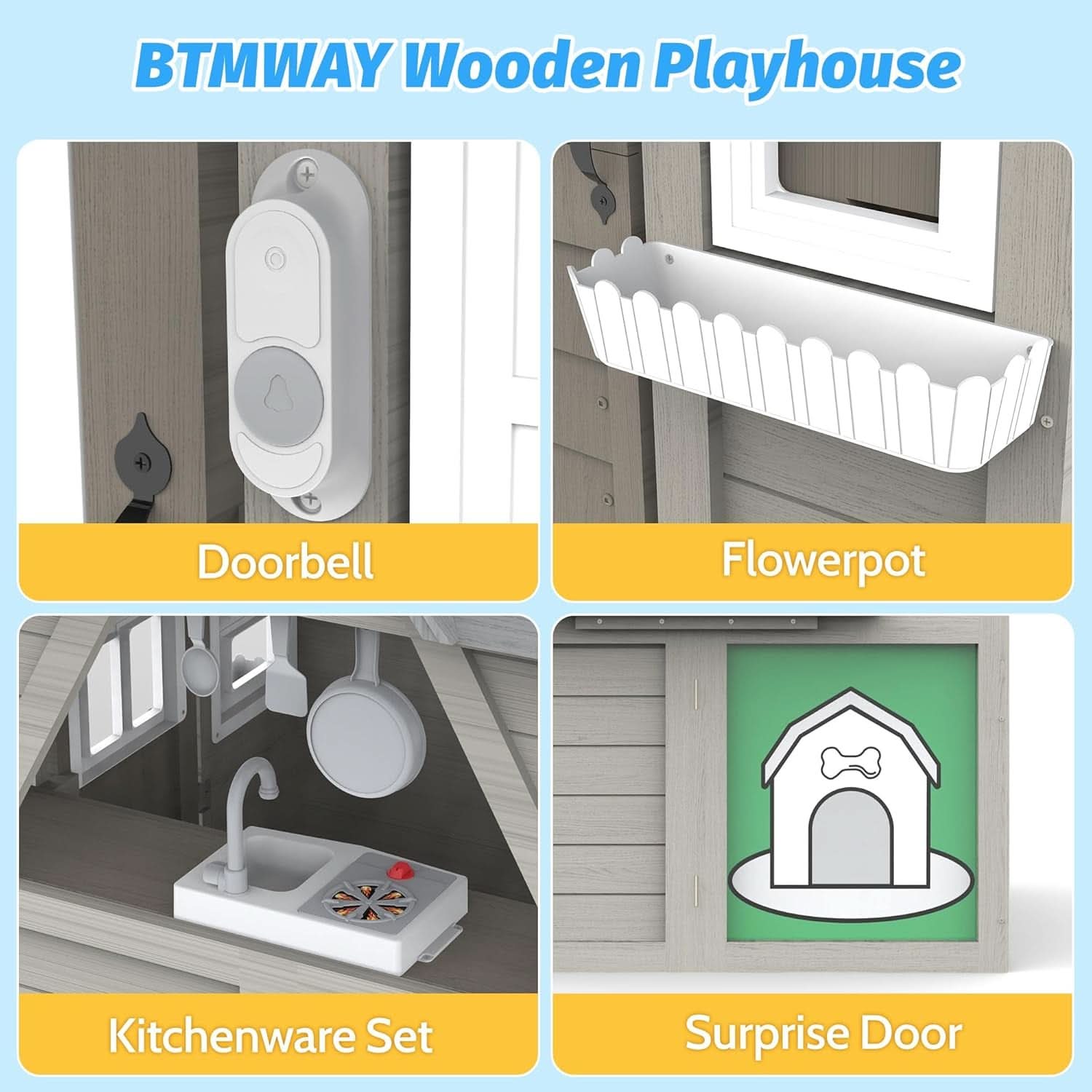 Gray Cedar Outdoor Playhouse With Realistic Kitchen