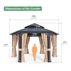 13 X 15 FT  Double-Tier Hexagonal Metal Hardtop Patio Gazebo with Curtains