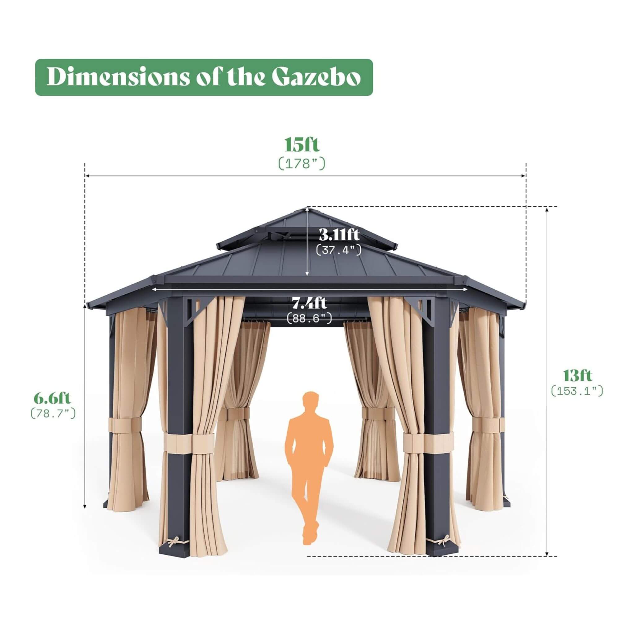 13 X 15 FT  Double-Tier Hexagonal Metal Hardtop Patio Gazebo with Curtains