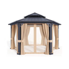 13 X 15 FT  Double-Tier Hexagonal Metal Hardtop Patio Gazebo with Curtains