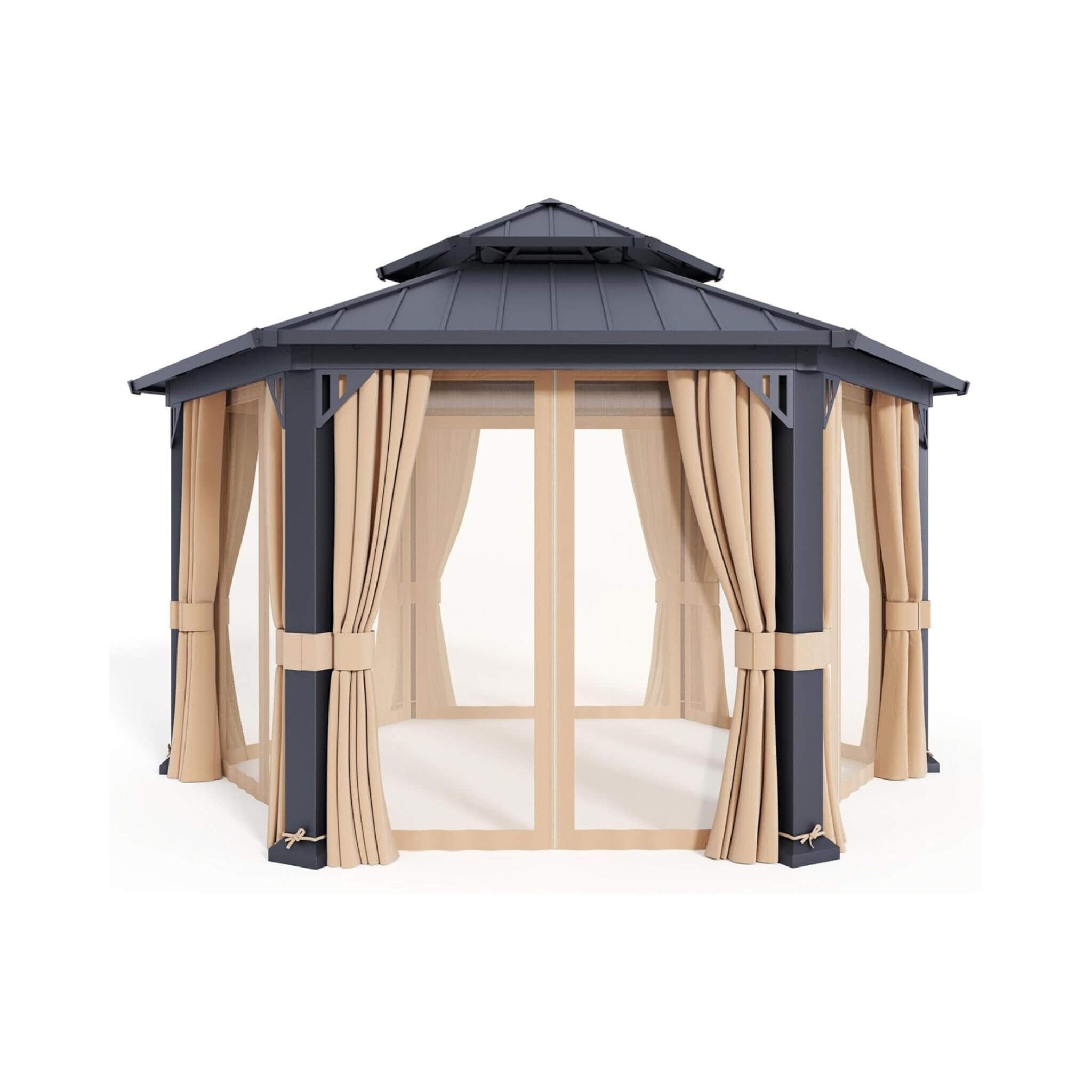 13 X 15 FT  Double-Tier Hexagonal Metal Hardtop Patio Gazebo with Curtains