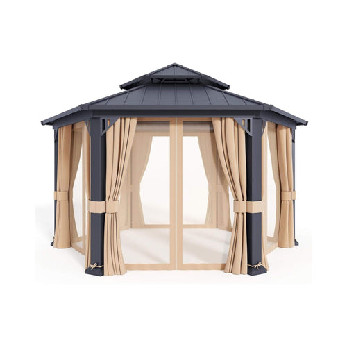 13 X 15 FT  Double-Tier Hexagonal Metal Hardtop Patio Gazebo with Curtains