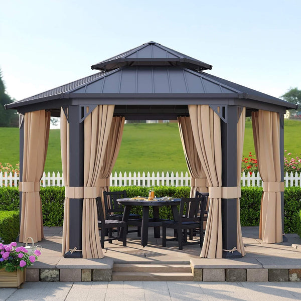 13 X 15 FT  Double-Tier Hexagonal Metal Hardtop Patio Gazebo with Curtains