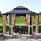 13 X 15 FT  Double-Tier Hexagonal Metal Hardtop Patio Gazebo with Curtains