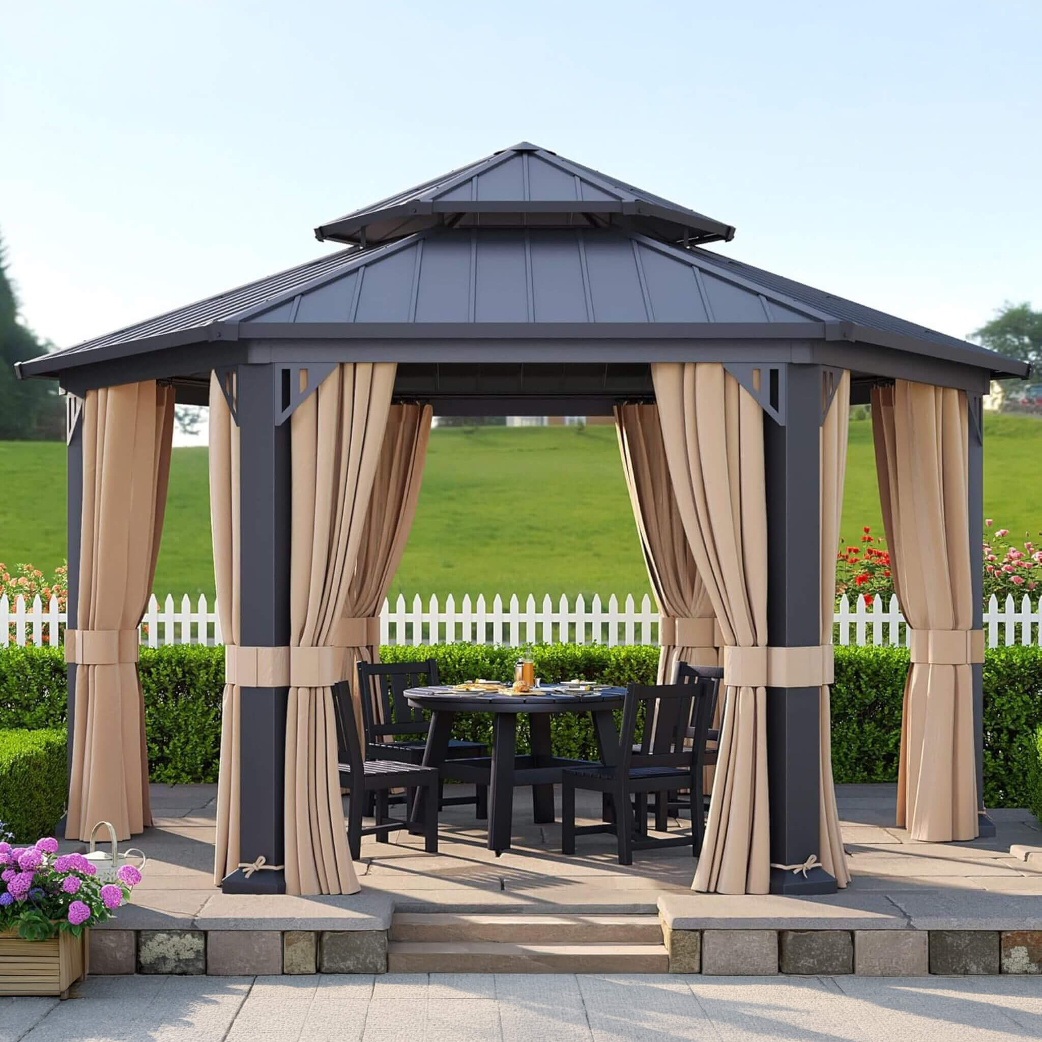 13 X 15 FT  Double-Tier Hexagonal Metal Hardtop Patio Gazebo with Curtains