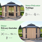 13 X 15 FT  Double-Tier Hexagonal Metal Hardtop Patio Gazebo with Curtains