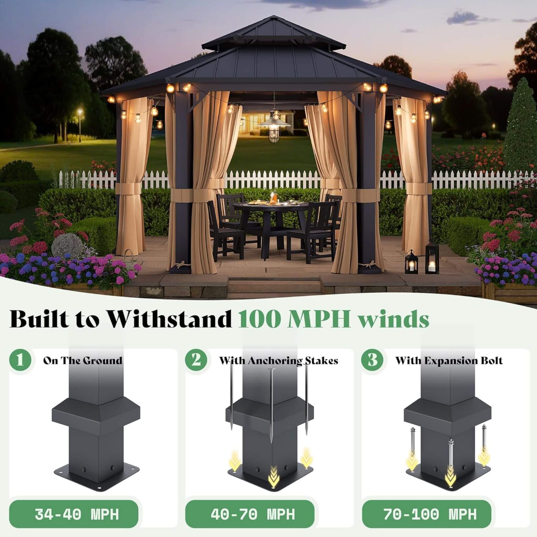 13 X 15 FT  Double-Tier Hexagonal Metal Hardtop Patio Gazebo with Curtains