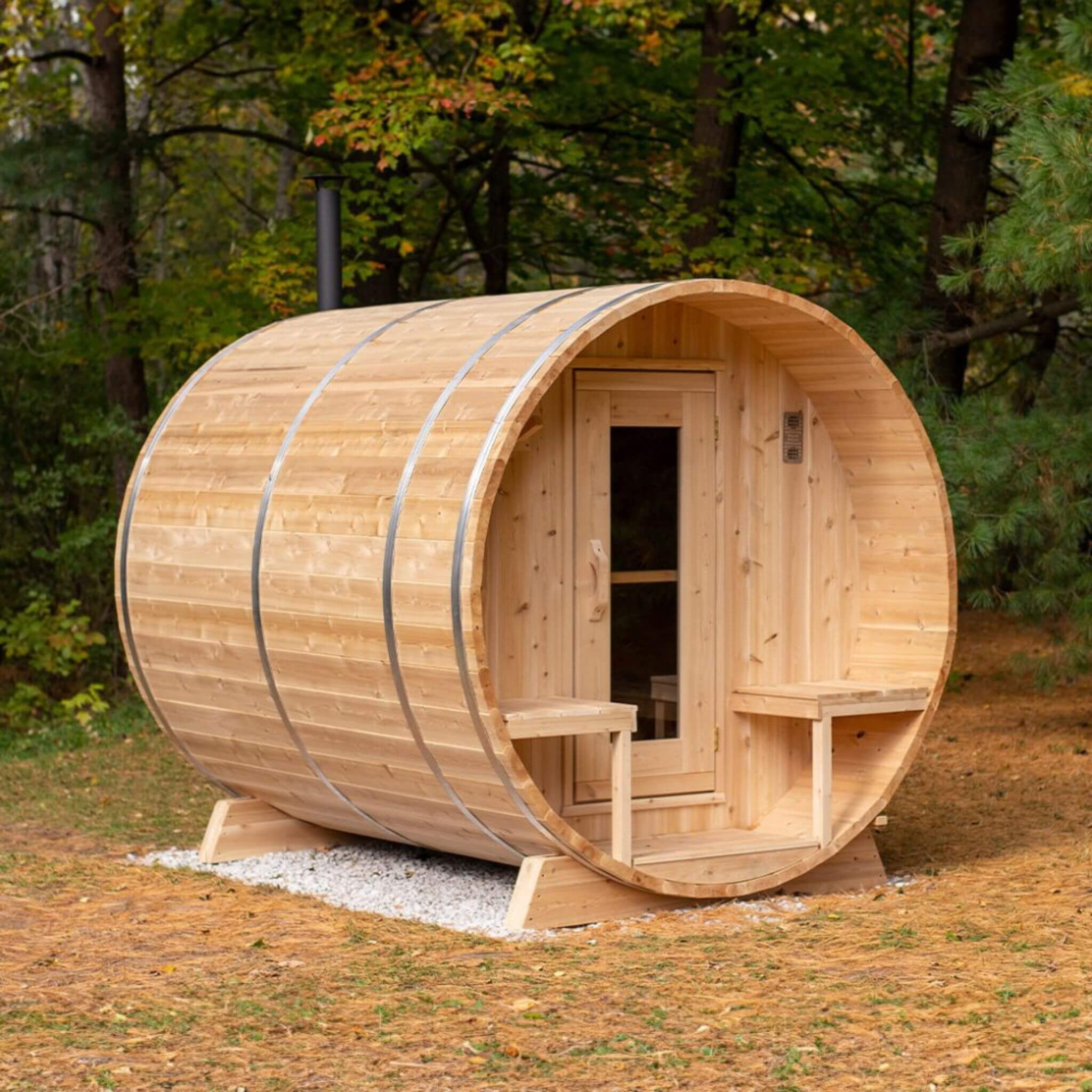 4-Person Canadian Timber Serenity Barrel Sauna With Solid Wood Benches [CTC2245W]