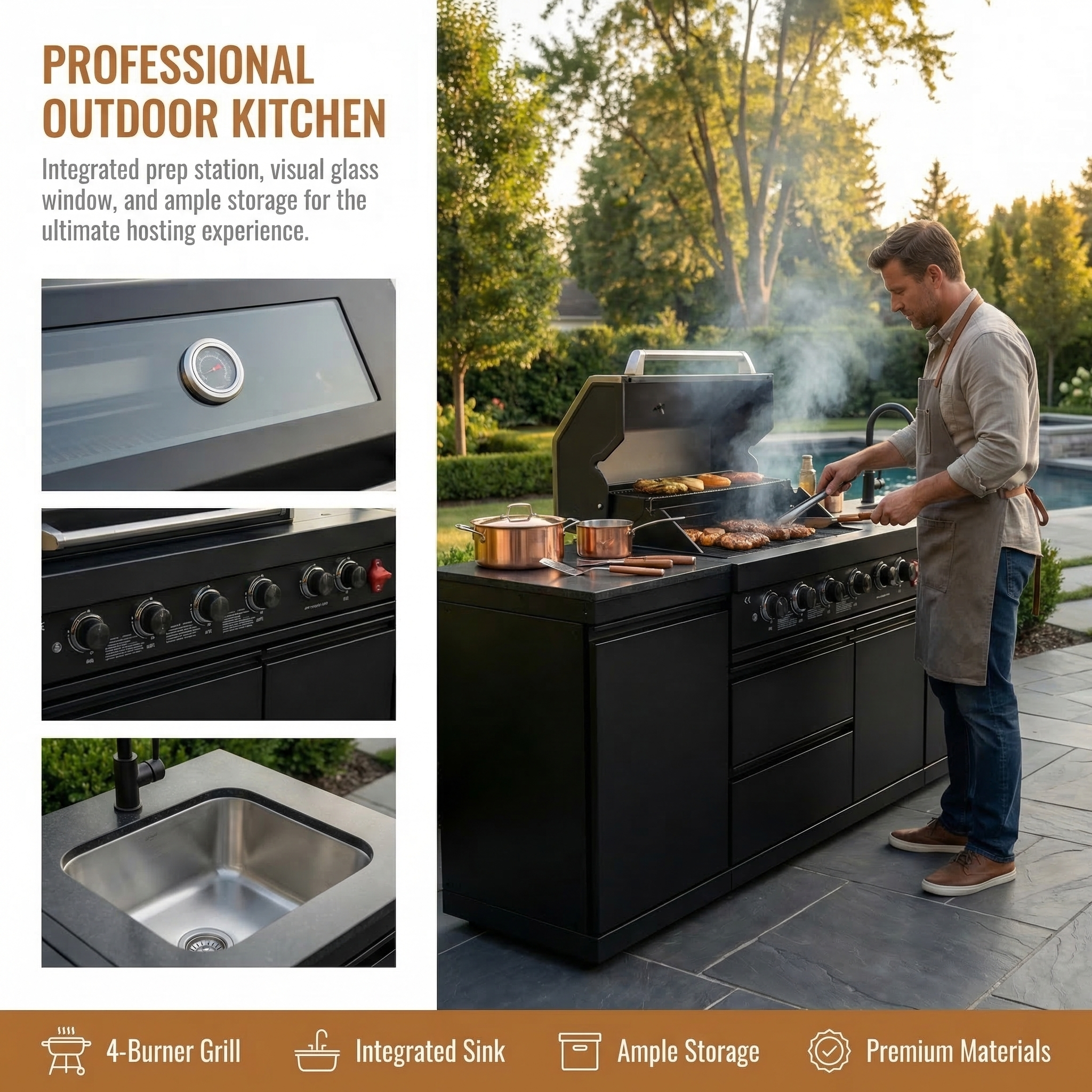 84.7 Inch 4-Burner Deluxe Stainless Steel Propane Gas Outdoor Kitchen Barbecue Island Grill