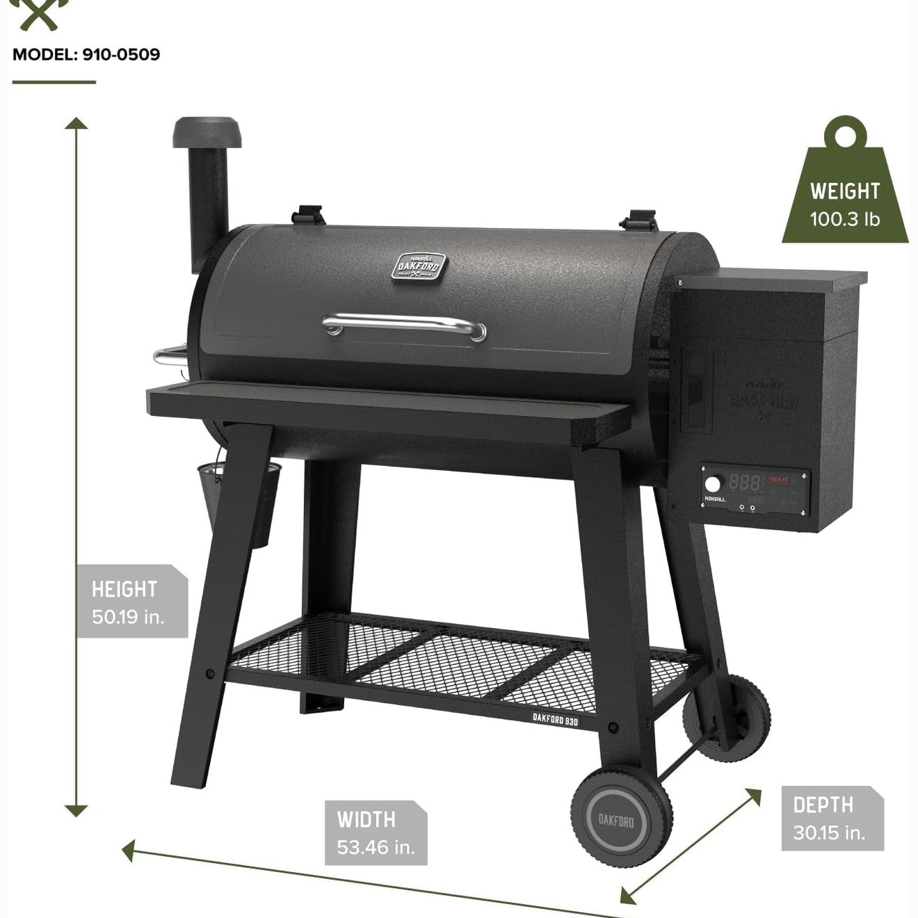 Oakford 930 Wood Pellet Grill with 930 SQ in Cooking Area, Steel Wire Grates, I-Site View Indicator, Heavy Duty Pellet Smoker Grill with Bluetooth Connectivity - 910-0509