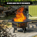 36 Inch Outdoor Fire Pit with Grill,Wood Burning Firepits for outside with Lid & Fire Poker,Metal 3-In-1 Fire Pit Table with Cooking Grate,Outdoor Fireplaces for Bonfire,Yard,Bbqï¼ˆJet Blackï¼‰