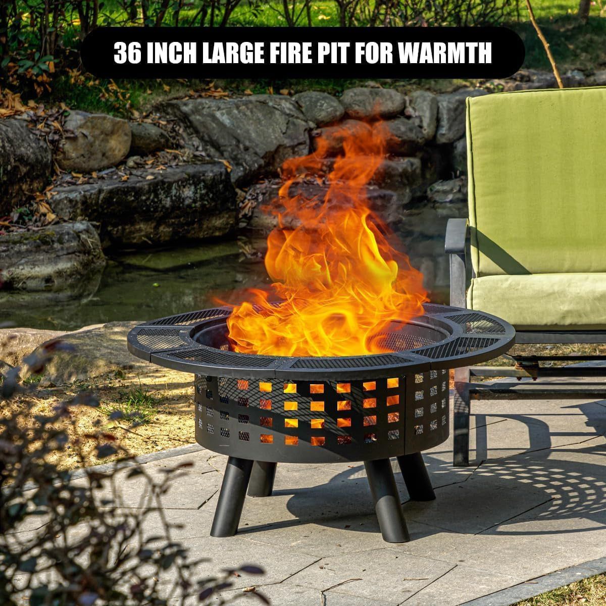 36 Inch Outdoor Fire Pit with Grill,Wood Burning Firepits for outside with Lid & Fire Poker,Metal 3-In-1 Fire Pit Table with Cooking Grate,Outdoor Fireplaces for Bonfire,Yard,Bbqï¼ˆJet Blackï¼‰