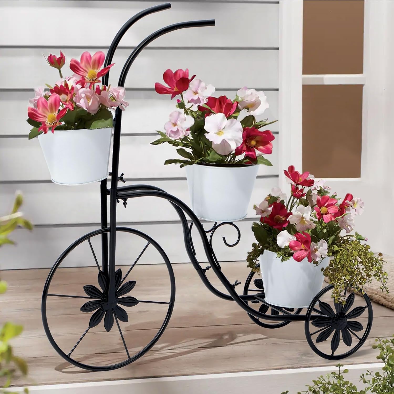 Bicycle Planter Stand, Metal Flower Pot Cart Holder Tricycle Planter with 3 Plant Bucket Outdoor Decorative for Patio, Deck, Garden or Lawn