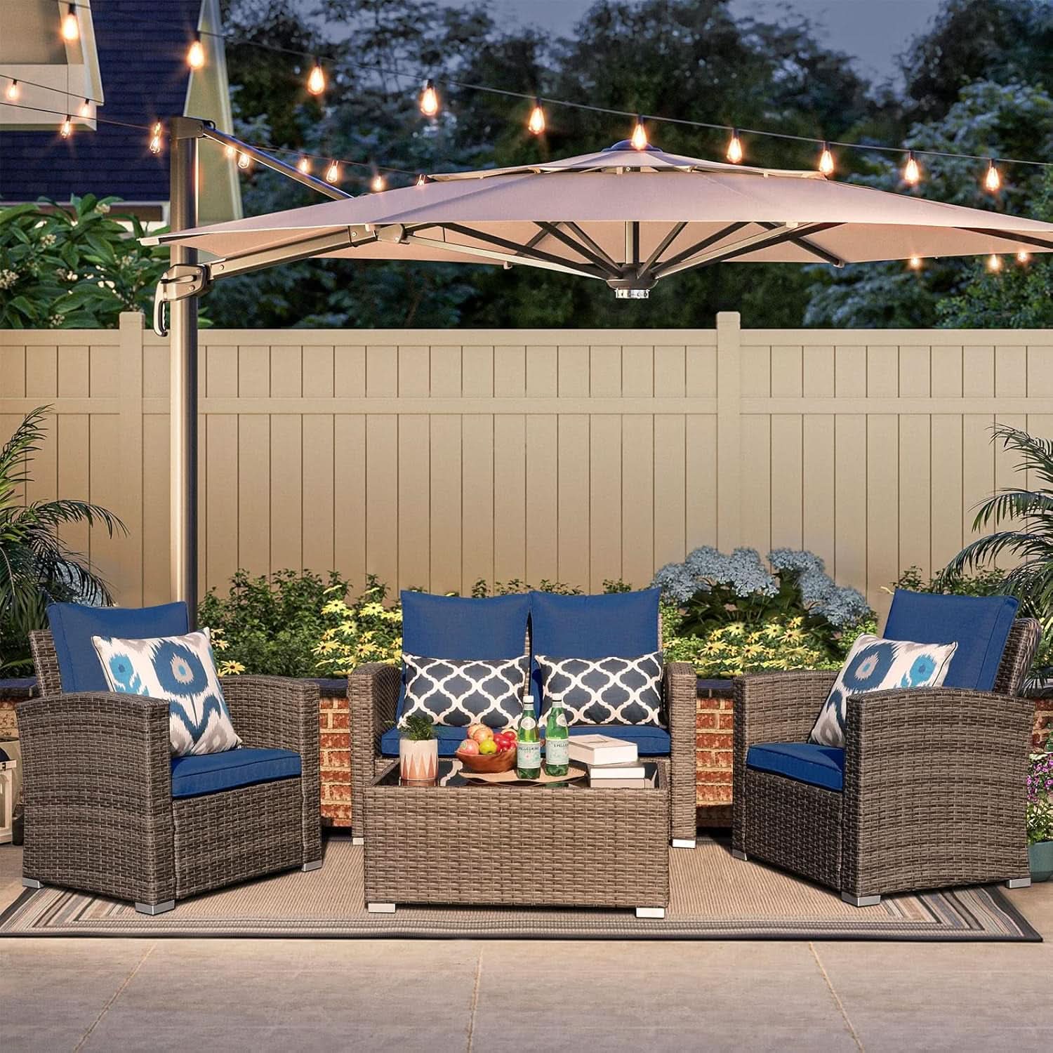 Navy Blue Outdoor Rattan Patio Furniture Set