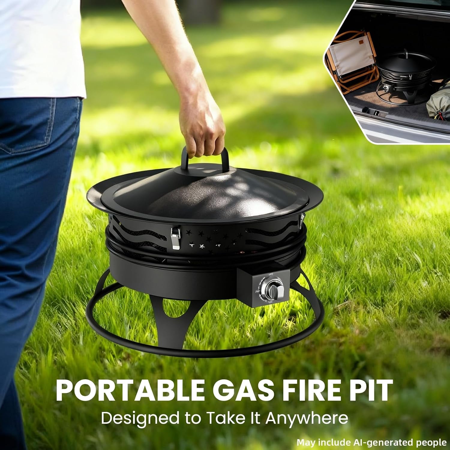 20 Inch Propane Fire Pit, Portable Gas Fire Pit Bowl for Outside, 60,000 BTU Smokeless Outdoor Firepit with Lid & Grill Grate for Patio, Yard, Gardenn, Camping