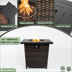 28 In. W X 25 In. H Rattan Square Propane Fire Pit Table in Black Brown
