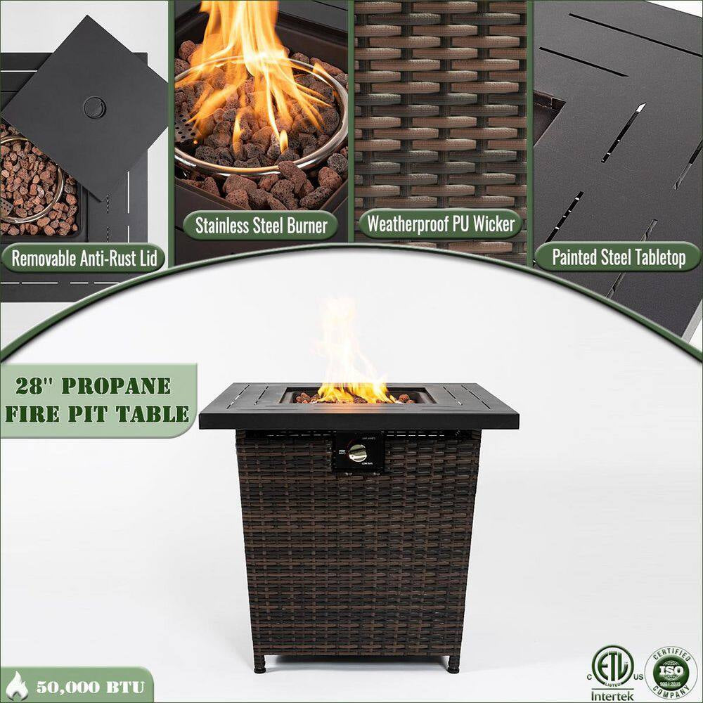 28 In. W X 25 In. H Rattan Square Propane Fire Pit Table in Black Brown