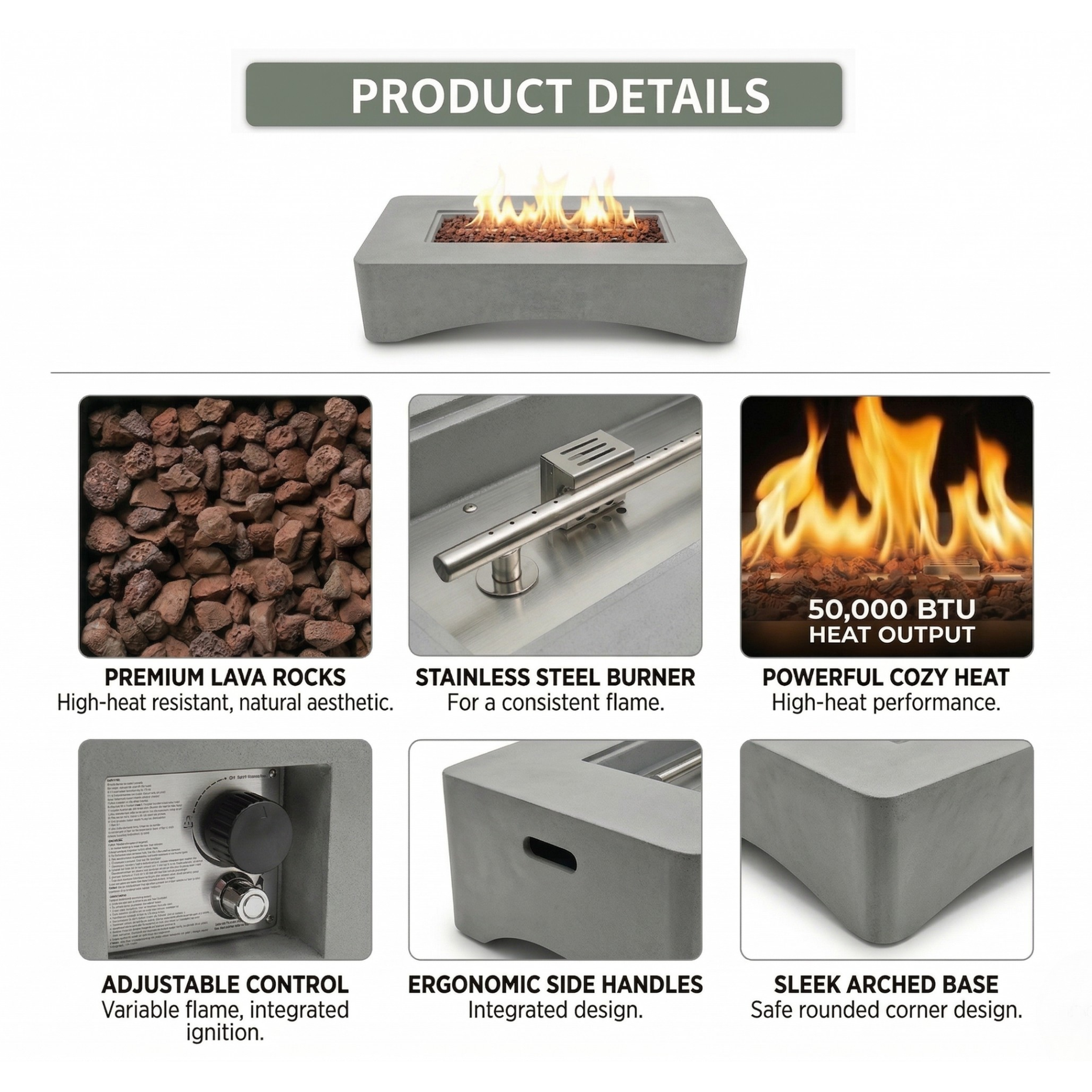 56' Propane Fire Pit Table - Rectangular Outdoor Gas Fire Pit - Light Gray
