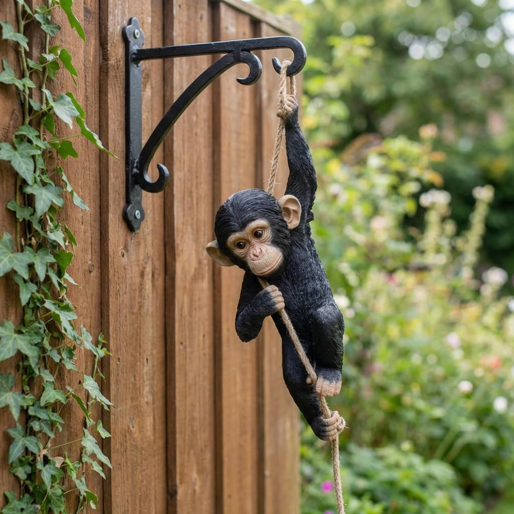 Hanging Monkey Outdoor Decor, Resin Statue on Rope for Front Porch, Patio, Yard, Tree Fence, Garden Ornament, Animal Decoration for outside Spaces, 21.7 In