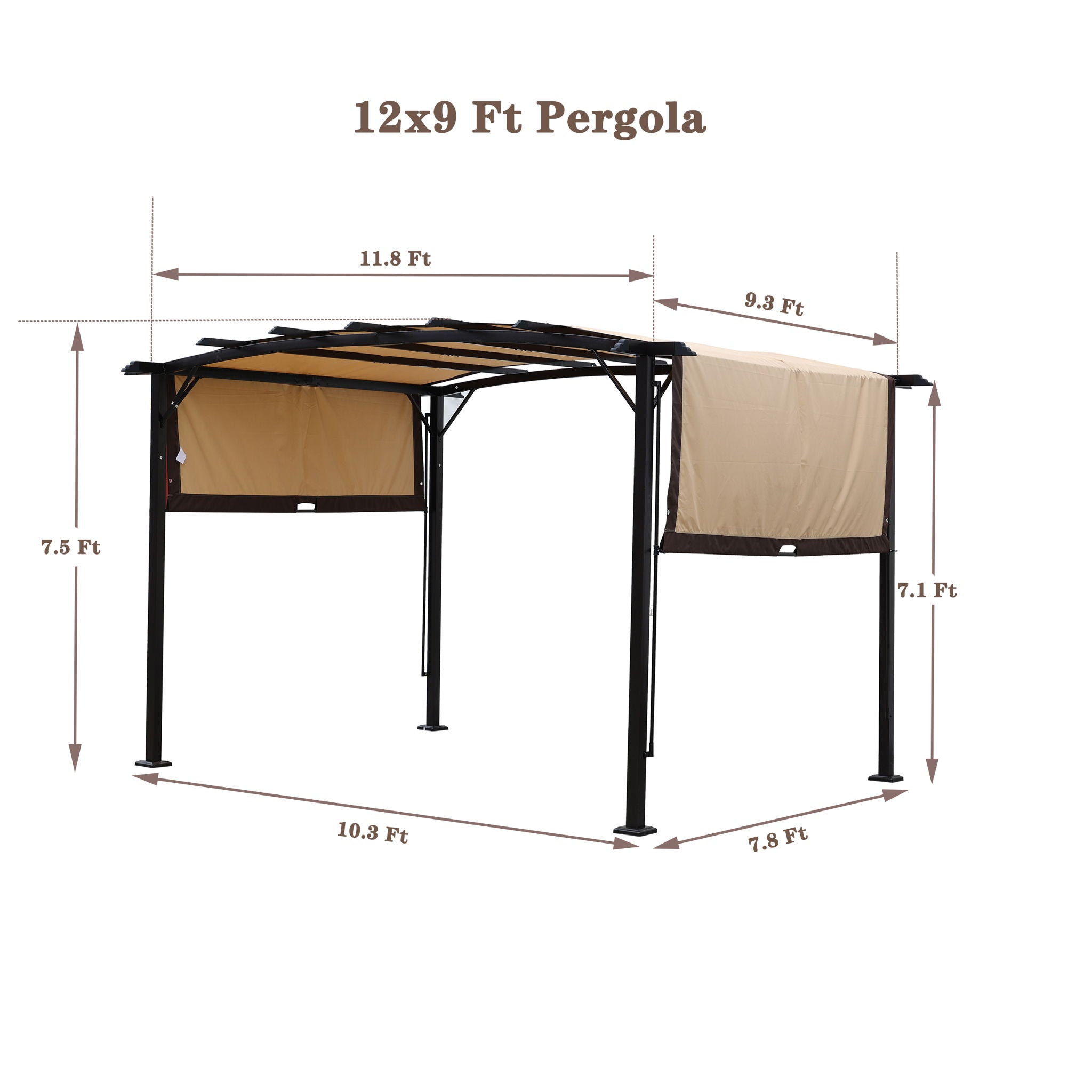 12' x 9' Outdoor Patio Pergola Gazebo - Steel Frame Sun Shelter With Retractable Canopy