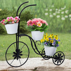 Bicycle Planter Stand, Metal Flower Pot Cart Holder Tricycle Planter with 3 Plant Bucket Outdoor Decorative for Patio, Deck, Garden or Lawn