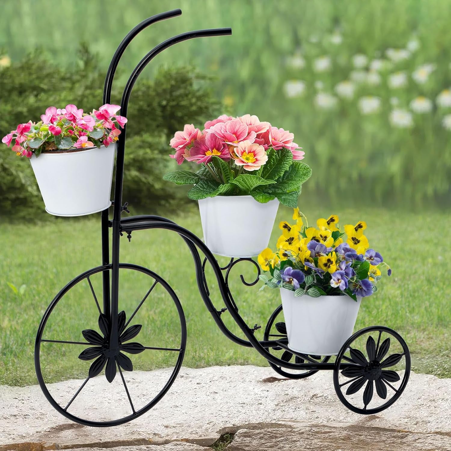 Bicycle Planter Stand, Metal Flower Pot Cart Holder Tricycle Planter with 3 Plant Bucket Outdoor Decorative for Patio, Deck, Garden or Lawn