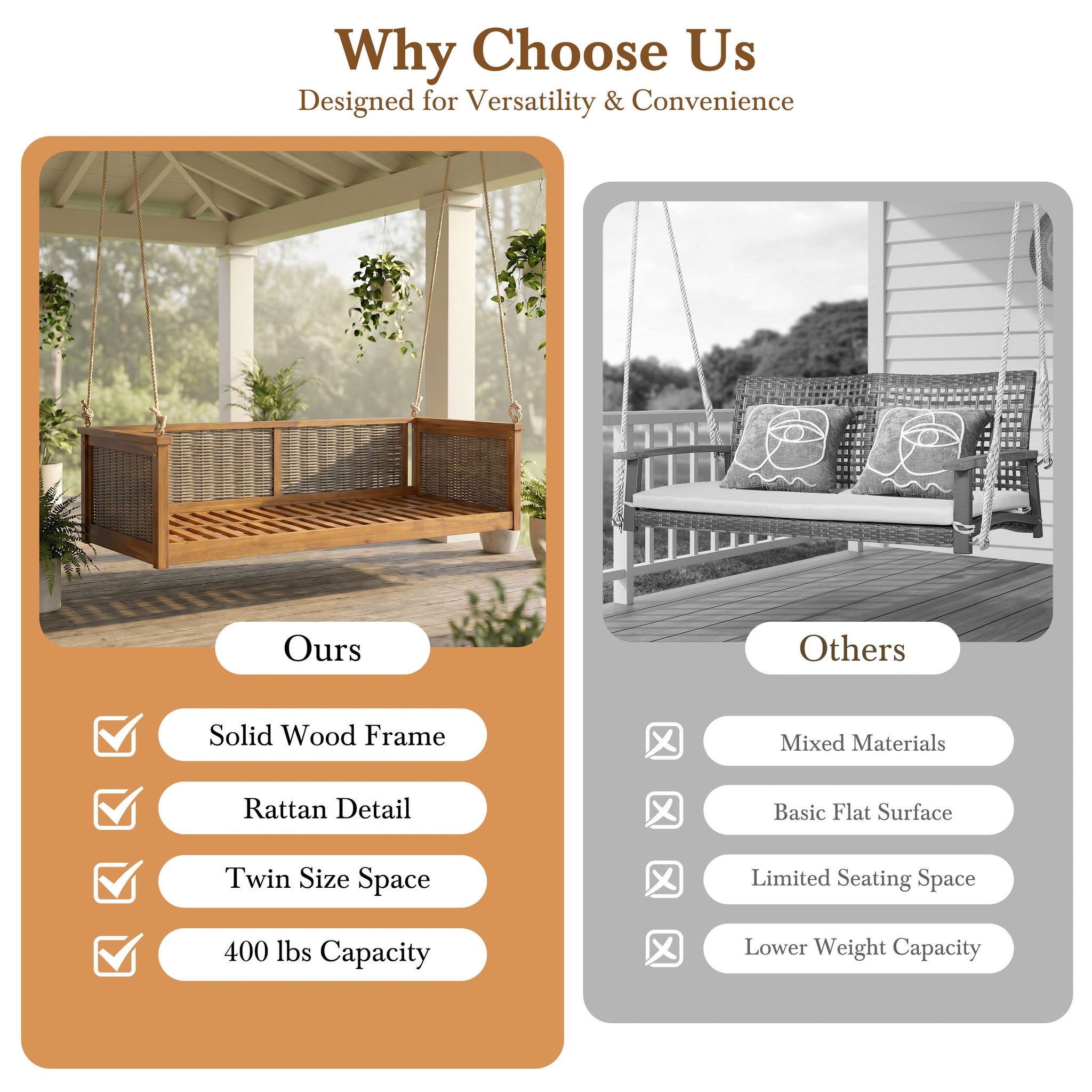 Outdoor Classic Solid Wood Twin Size Swing Bed