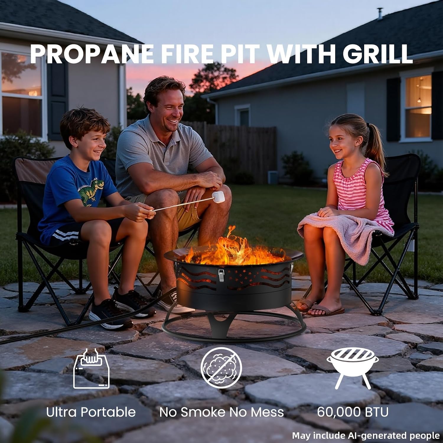 20 Inch Propane Fire Pit, Portable Gas Fire Pit Bowl for Outside, 60,000 BTU Smokeless Outdoor Firepit with Lid & Grill Grate for Patio, Yard, Gardenn, Camping