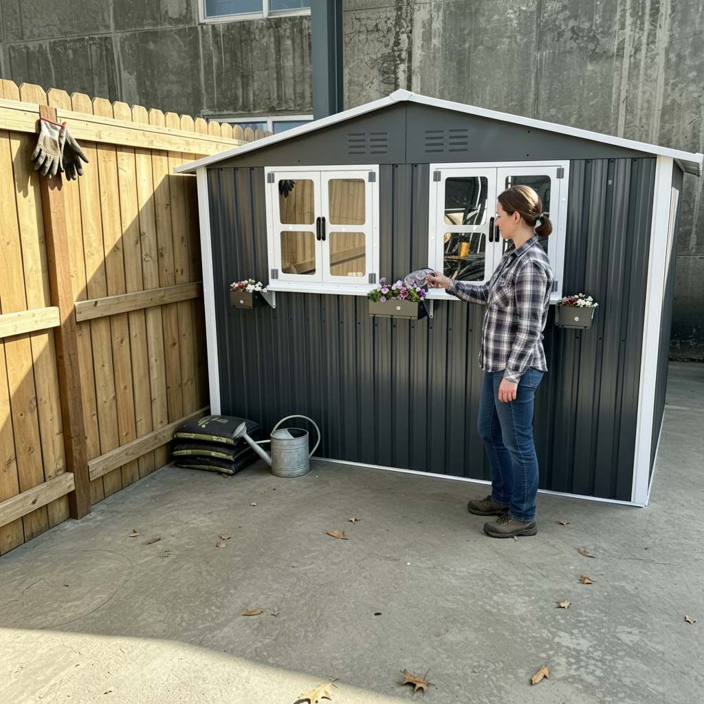 6x9 FT Outdoor Metal Storage Shed with Window & Flower Rack