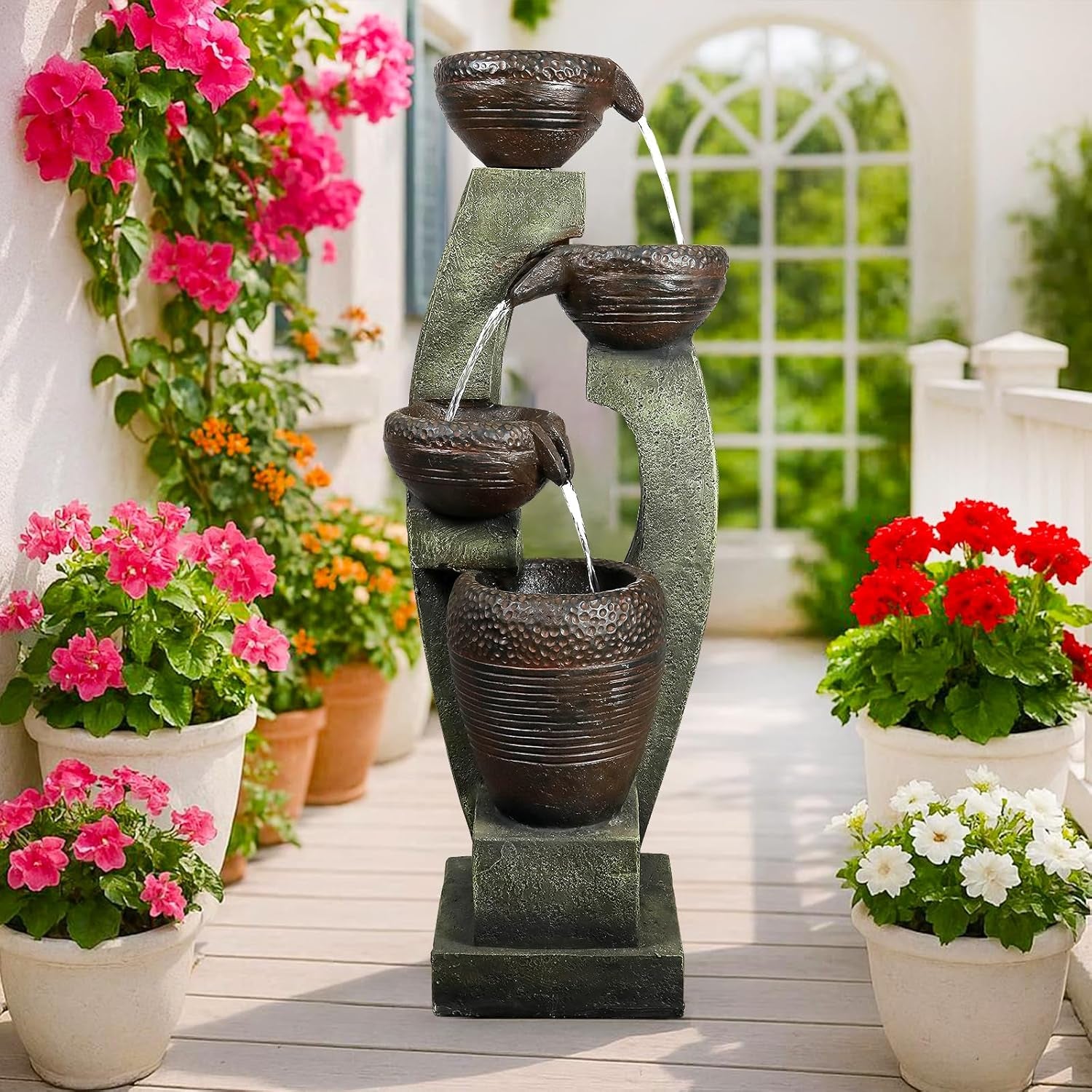 40" Tall Outdoor Water Fountain and Waterfalls - Large Garden Fountain with LED Lights, 4-Tier Crocks, Indoor and Outdoor Fountains for Garden, Patio, Deck, Porch, Backyard and Home, Gray