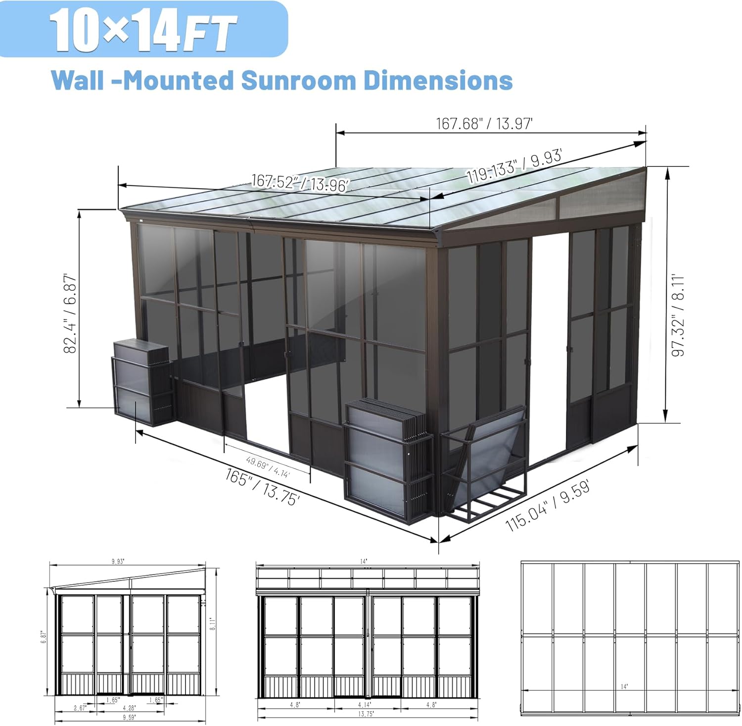 10x14FT All Season Sunroom with Detachable Windows and Sliding Doors