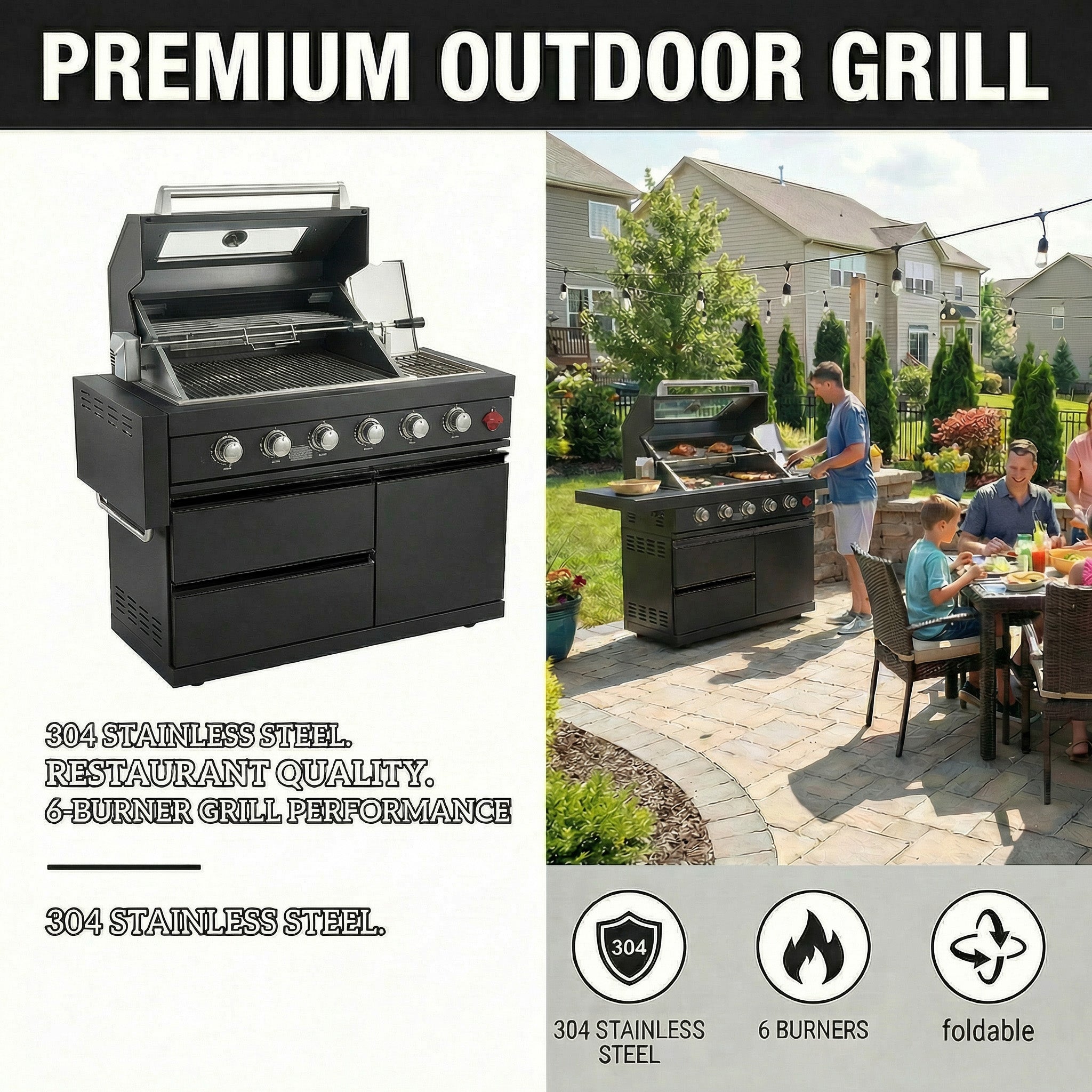 46-Inch 75300 BTU 6-Burners Deluxe Stainless Steel Gas Outdoor Barbecue Grill