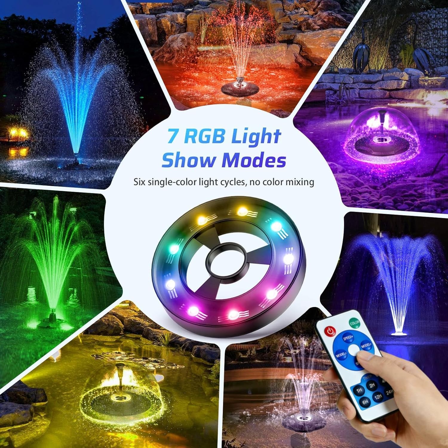 Floating Pond Fountain with Remote Control RGB LED Lights, 40W 660GPH Water Pump with 3 Spray Modes, Floating Fountain 27FT Cord & 65.6FT Mooring Line for Garden Ponds, Outdoor Water Features
