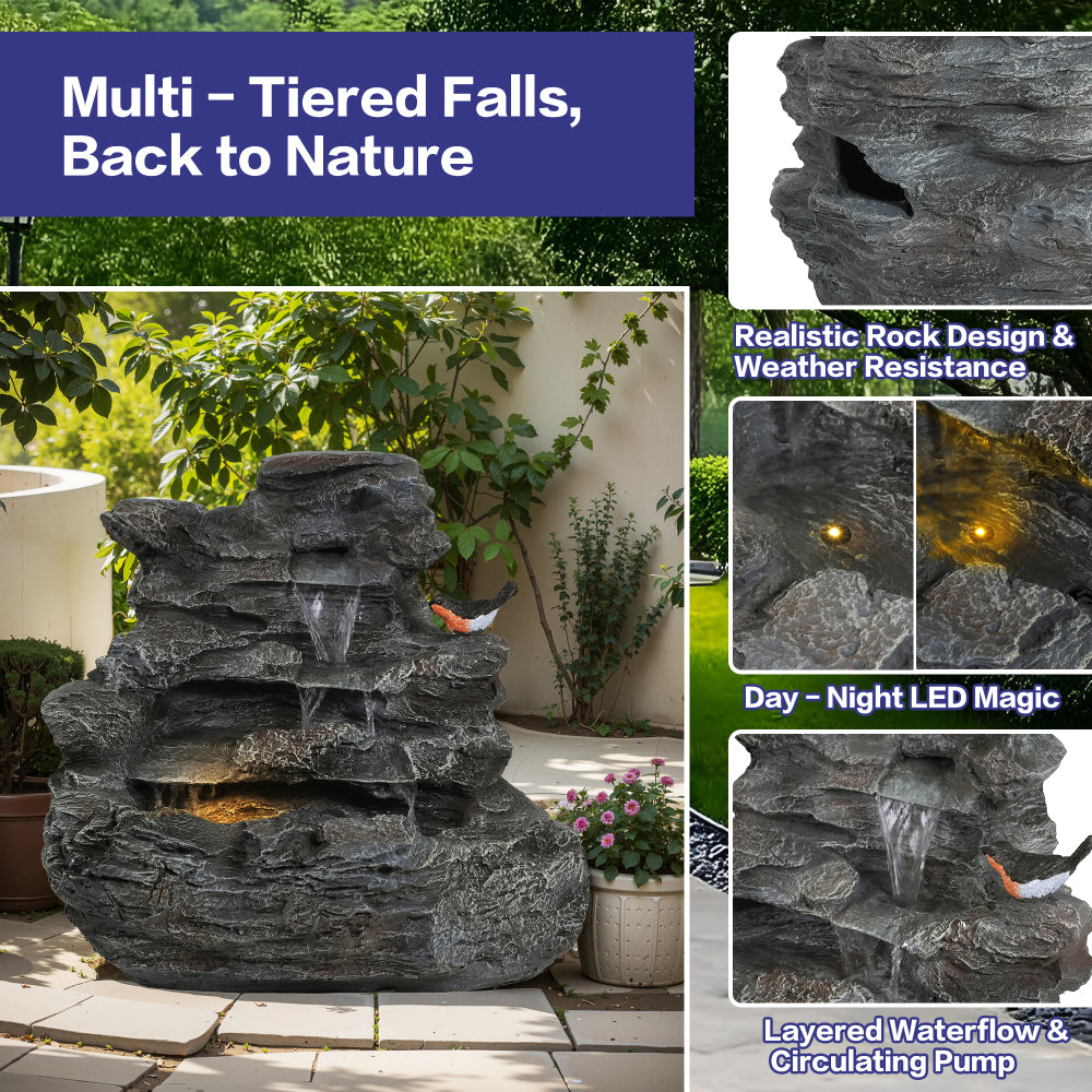 4-Tier Concrete Rock Waterfall Fountain with LED Lights